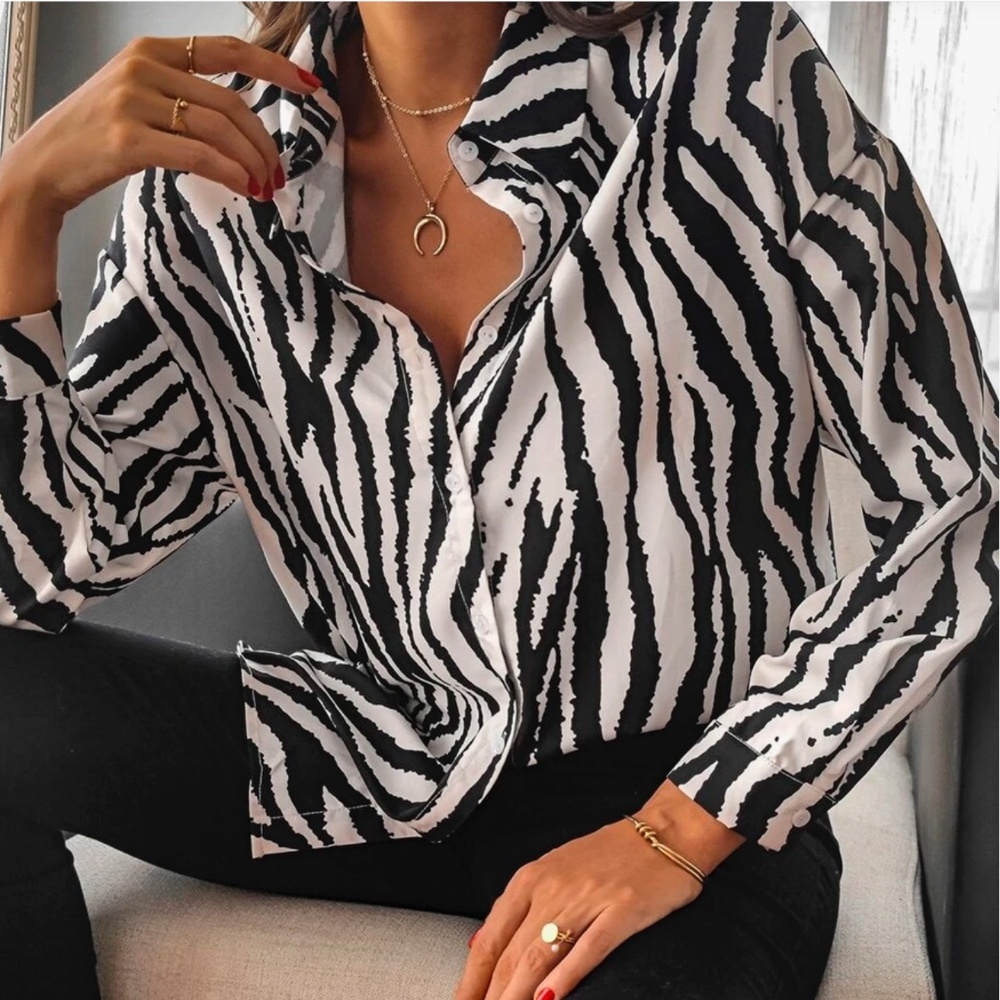 Shein Black White Zebra Animal Print Button Down Front Blouse Shirt Womens Large